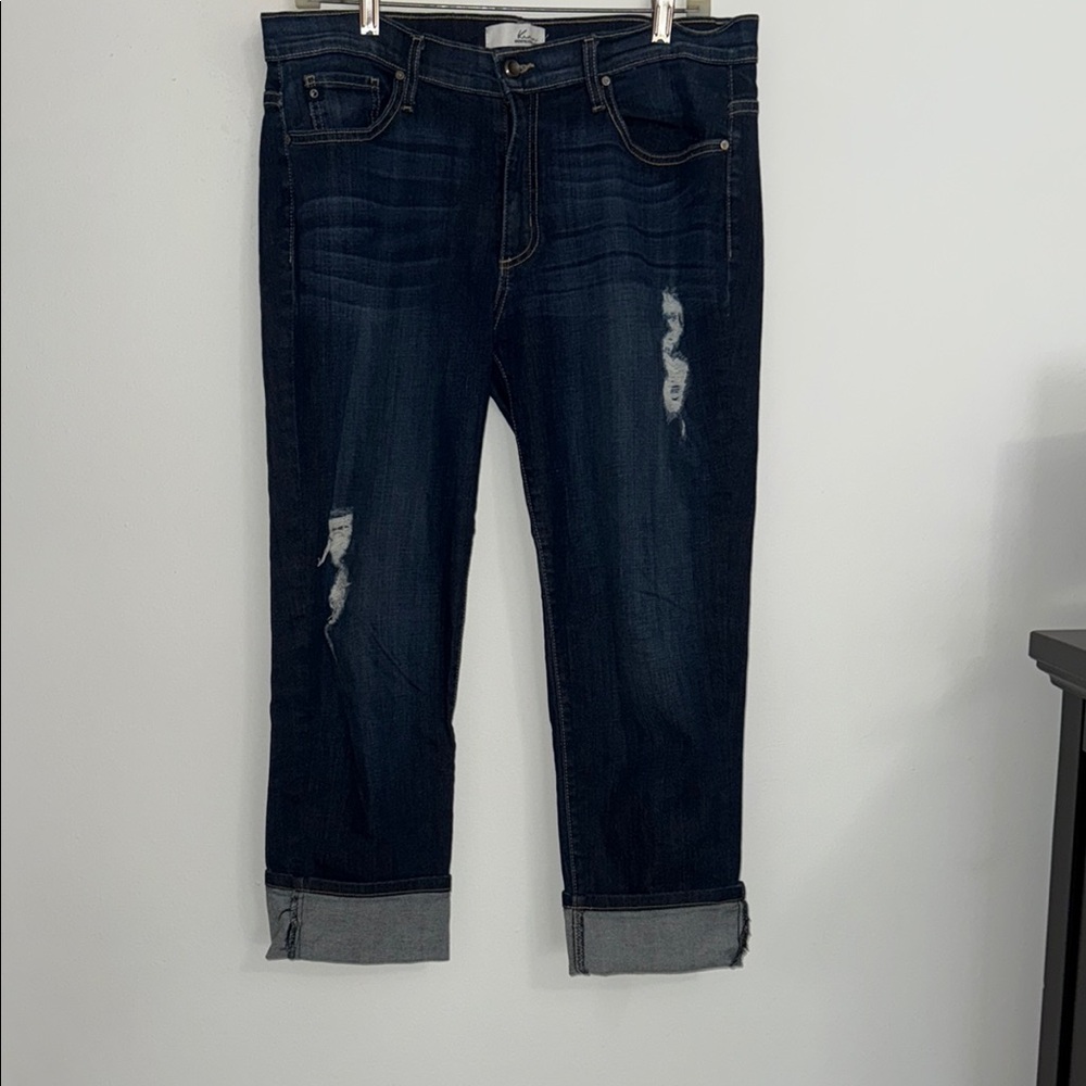 KanCan Blue Ankle Cropped Jeans with Distressed Details